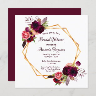 Burgundy florals gold geometric boho bridal shower invitation
