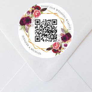 Burgundy florals gold geometric QR code wedding Classic Round Sticker