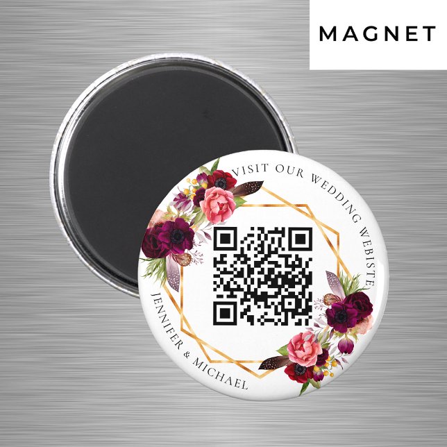 Burgundy florals gold geometric QR code wedding Magnet (Creator Uploaded)