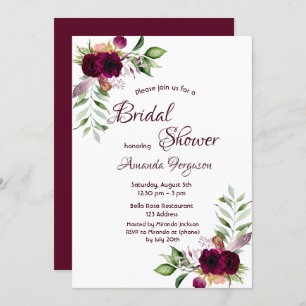 Burgundy florals gold greenery boho bridal shower invitation