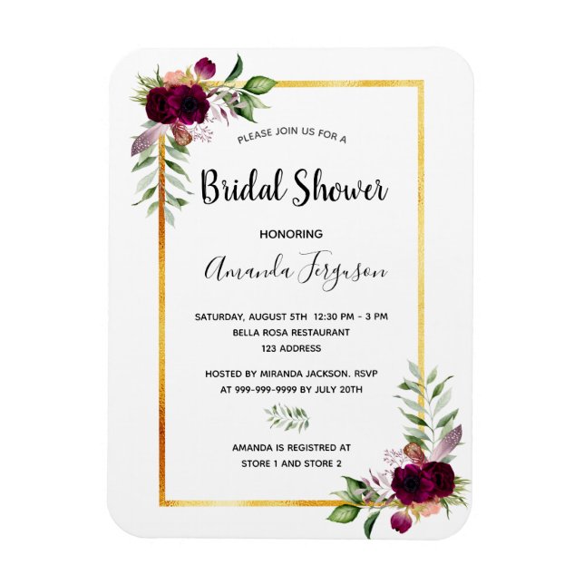 Burgundy florals gold greenery boho bridal shower magnet (Vertical)
