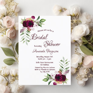 Burgundy florals gold greenery boho bridal shower postcard