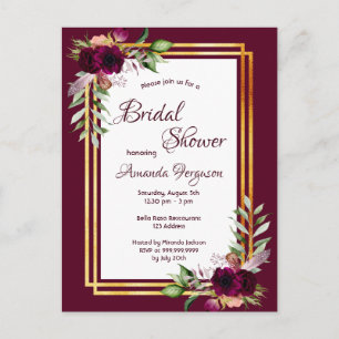 Burgundy florals gold greenery boho bridal shower postcard