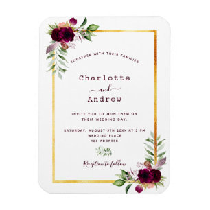 Burgundy florals gold greenery boho wedding magnet