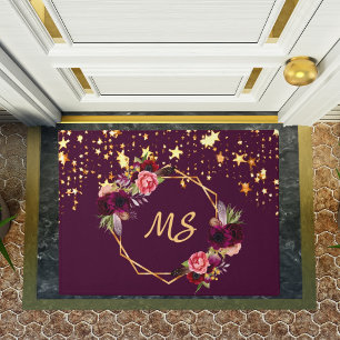 Burgundy florals gold stars monogram doormat