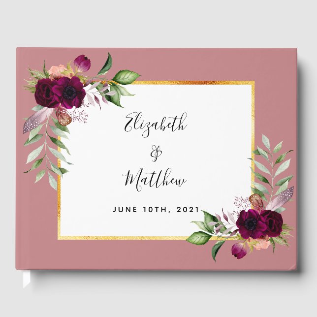 Burgundy florals greenery dusty rose wedding guest book (Front)
