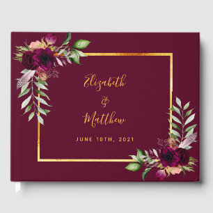 Burgundy florals greenery gold elegant wedding guest book