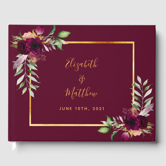 Burgundy florals greenery gold elegant wedding guest book (Front)