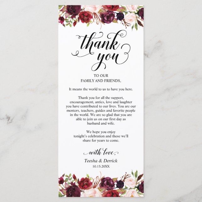 Burgundy Florals, Place Setting Thank You Card (Front)