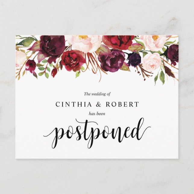 Burgundy Florals Wedding Elopement Postponed Postcard (Front)