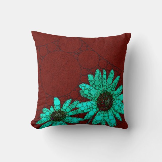 Burgundy Florescent Turquoise Flowers Cushion (Front)