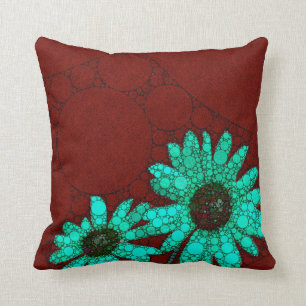 Burgundy Florescent Turquoise Flowers Cushion