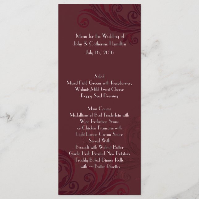 Burgundy Flourish Skinny Wedding Table Menu (Front)