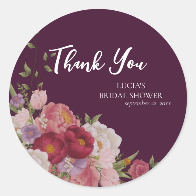 Burgundy Flower Bridal Shower Thank You Classic Round Sticker (Front)