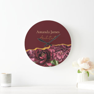 Burgundy Flower Elegance with Gold Accent Large Clock