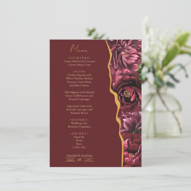 Burgundy Flower Elegance with Gold Accents Wedding Menu (Standing Front)