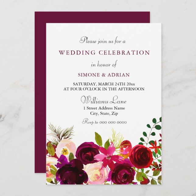 Burgundy Flower Floral Elegant Wedding Celebration Invitation (Front/Back)