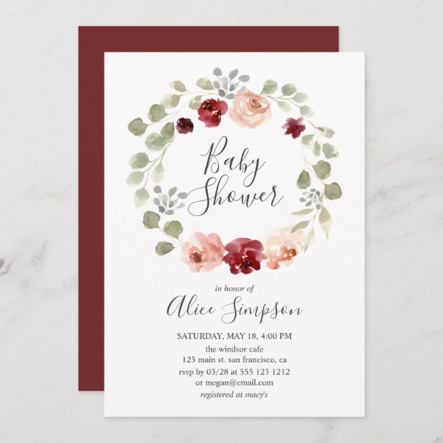 Burgundy Flower Greenery Eucalyptus Baby Shower Invitation (Front/Back)