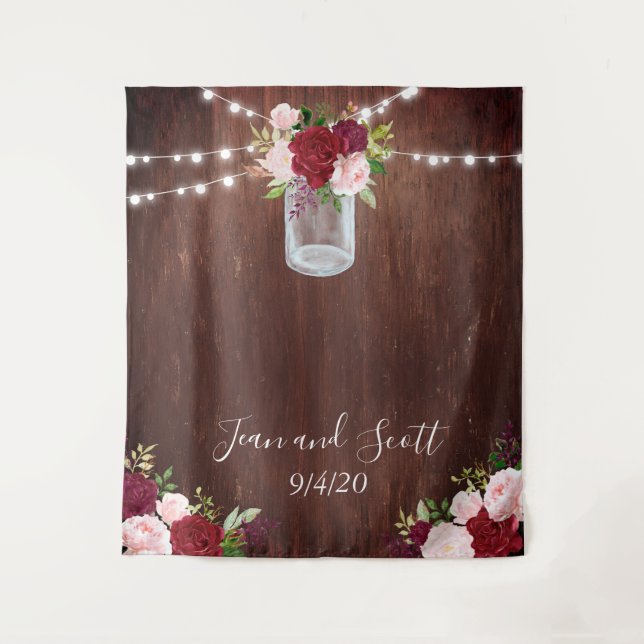 Burgundy Flower Mason Jar Wedding Wood Lights Tapestry (Front)