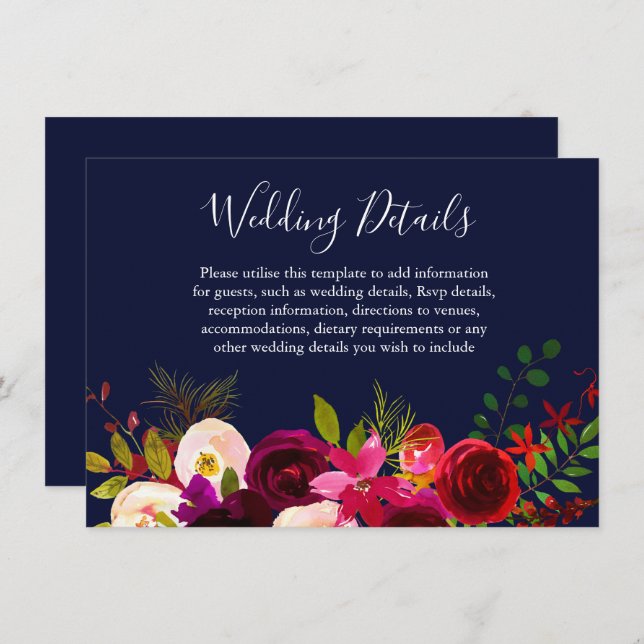 Burgundy Flower Navy Blue Wedding Details Invitation (Front/Back)