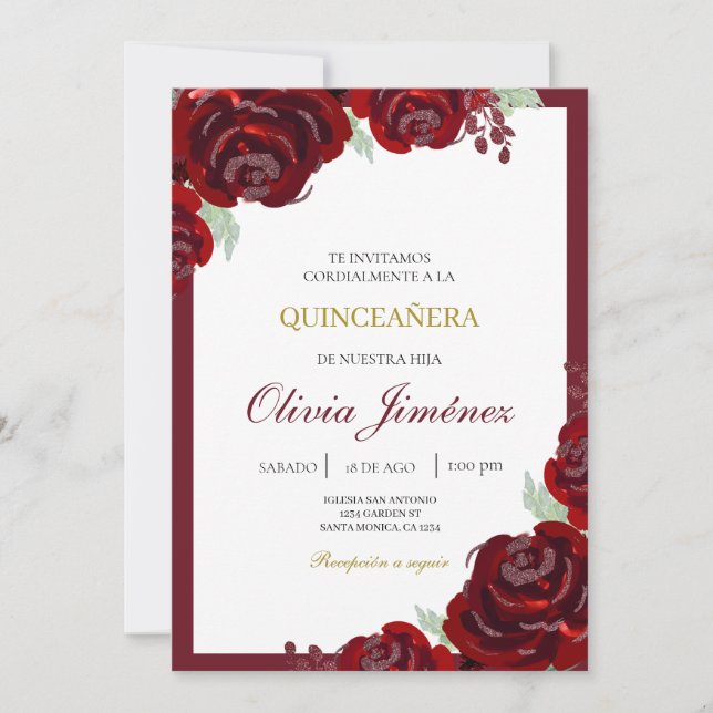 Burgundy flower quinceañera  invitation (Front)