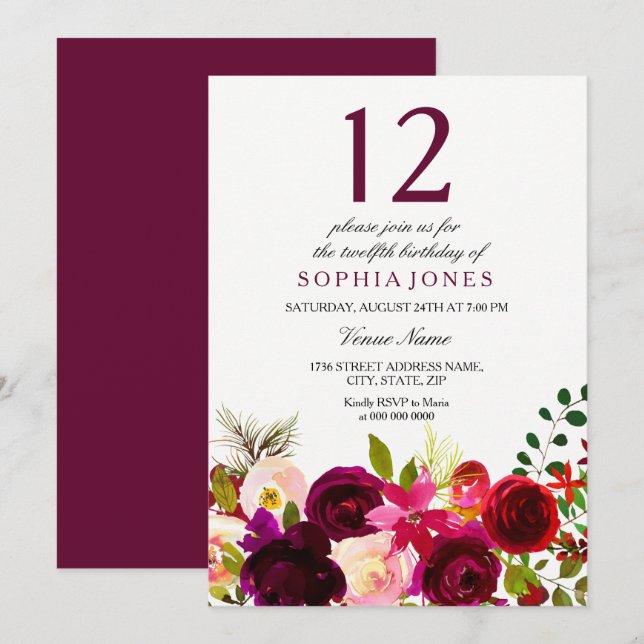 Burgundy Flowers 12th Birthday Party Invite (Front/Back)