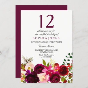 Burgundy Flowers 12th Birthday Party Invite