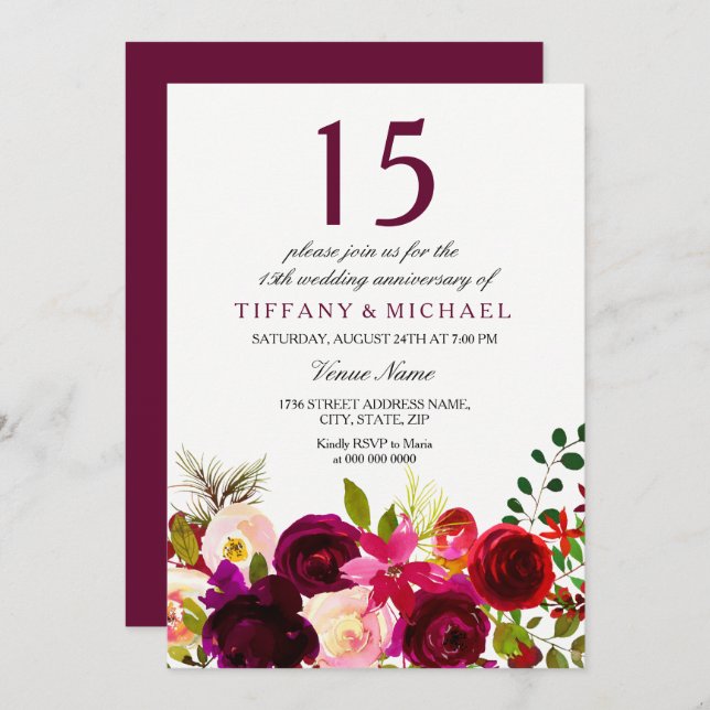Burgundy Flowers 15th Wedding Anniversary Invite (Front/Back)