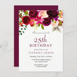 Burgundy Flowers 25th Birthday Party Invitation