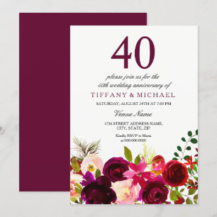 Burgundy Flowers 40th Wedding Anniversary Invite