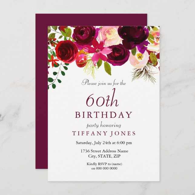 Burgundy Flowers 60th Birthday Party Invitation (Front/Back)