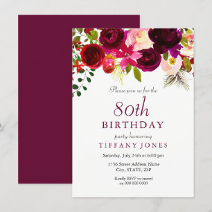 Burgundy Flowers 80th Birthday Party Invitation