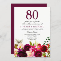 Burgundy Flowers 80th Wedding Anniversary Invite