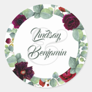 Burgundy Flowers and Eucalyptus Greenery Wedding Classic Round Sticker