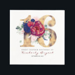 Burgundy Flowers and Gold Typography 16th Birthday Napkin<br><div class="desc">Burgundy red flowers and gold numbers birthday party paper napkins</div>