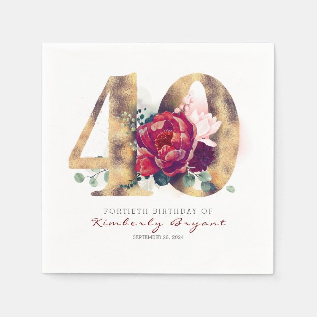 Burgundy Flowers and Gold Typography 40th Birthday Napkin (Front)