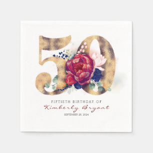 Burgundy Flowers and Gold Typography 50th Birthday Napkin