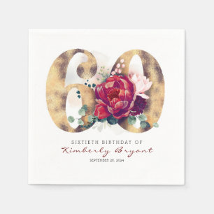 Burgundy Flowers and Gold Typography 60th Birthday Napkin