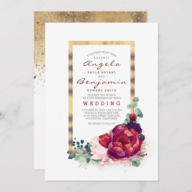 Burgundy Flowers and Modern Gold Frame Wedding Invitation (Front/Back)