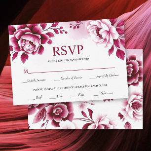 Burgundy flowers and watercolor wash wedding RSVP card