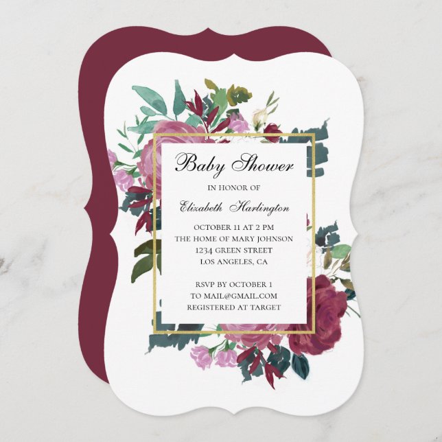 Burgundy flowers baby shower. Maroon invitation (Front/Back)
