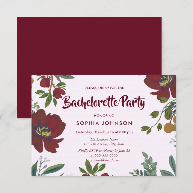Burgundy Flowers Bachelorette Party Invitation (Front/Back)