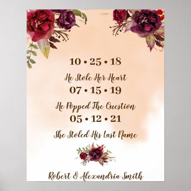 Burgundy Flowers Best Day Wedding Date Yes Sign (Front)