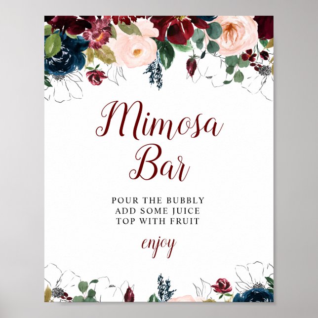 burgundy flowers bridal shower mimosa bar sign (Front)