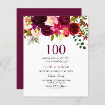 Burgundy Flowers Budget 100th Birthday Invitation