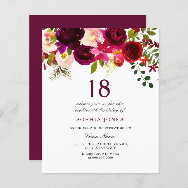 Burgundy Flowers Budget 18th Birthday Invitation (Front/Back)