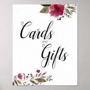 Burgundy Flowers Cards and Gifts Table Wedding Poster