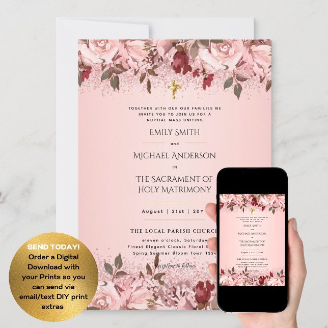 Burgundy Flowers  Catholic Nuptial Mass Wedding Invitation (Creator Uploaded)
