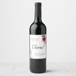 Burgundy Flowers Cheers Thank You Wedding Wine Label