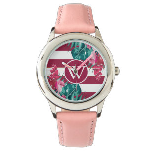 Burgundy Flowers design Monogram striped Watch